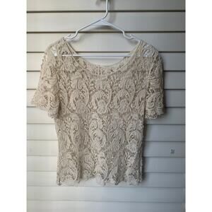 Cream Crochet Lace Short Sleeve Festival Boho Top 100% Cotton Women's Small